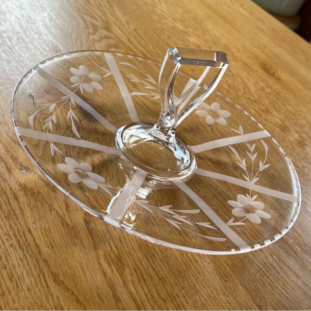 Vintage Clear Depression Glass Center
Handle Etched Floral Pattern Serving
Tray